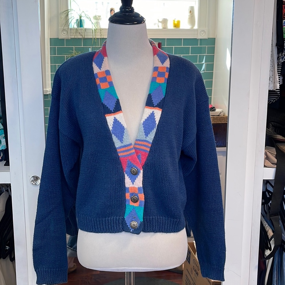 Vintage 90s Cotton cropped Cardigan Sweater Nuovo Aztec Boho Southwest Western